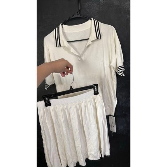 FISOEW Tops - FISOEW White Polo Shirt and Pleated Skirt Set